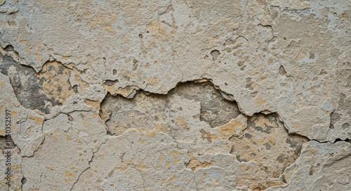 Extreme close-up of an aged plaster wall featuring numerous deep fissures, peeling paint, significant structural damage, and heavy texture ,crack ,pattern ,structure