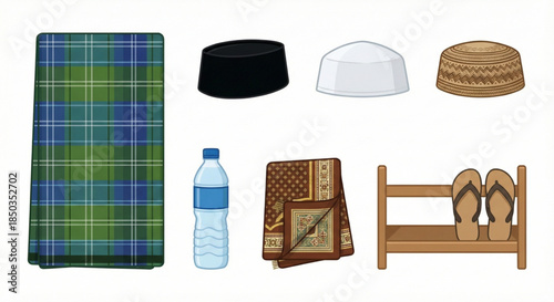 Collection of Islamic items including prayer mat, cap, and sandals, essential for worship and daily life