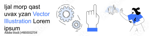 Technology, automation, digital interface, industrial innovation, user interaction, system design. Image of gears, a pointing hand and a person interacting with digital elements. Technology