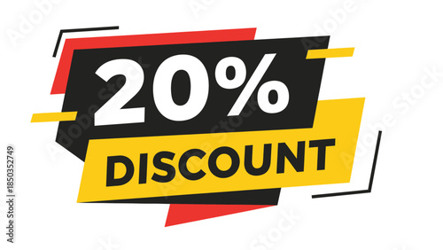 A modern graphic banner displaying a 20% discount offer in bold white and yellow text on a black, red, and white background.