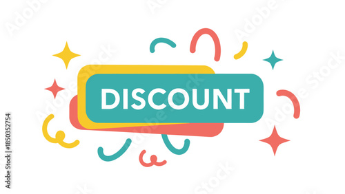 A colorful graphic with a "DISCOUNT" banner, surrounded by abstract shapes and stars, indicating a sale or special offer.