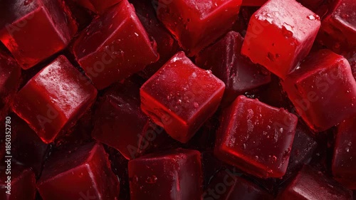 Bright red bite-sized candy, possibly cherry or strawberry flavored. Shiny texture from gummy base and glossy icing on top. Sugary sweetness in close-up video against neutral background.