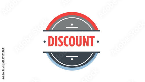 A graphic illustration of a discount badge or emblem with red and blue accents, featuring the word 'DISCOUNT' prominently displayed in the center.