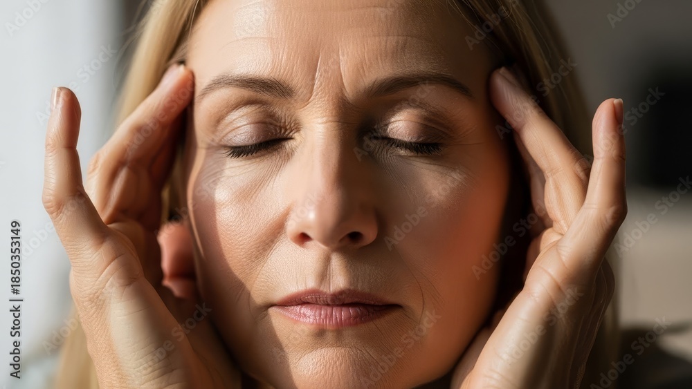 Naklejka premium Close up of an adult woman with closed eyes touching her temples with her hands. Stress, headache, tiredness, migraine or depression concept.