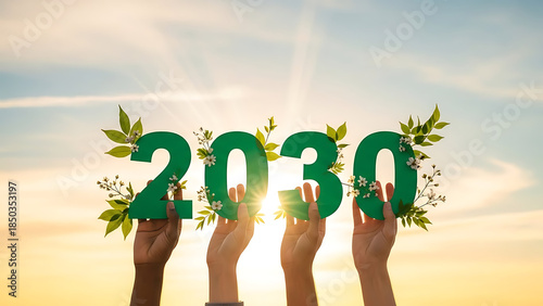 Hands holding green 2030 symbol with leaves against a bright sky