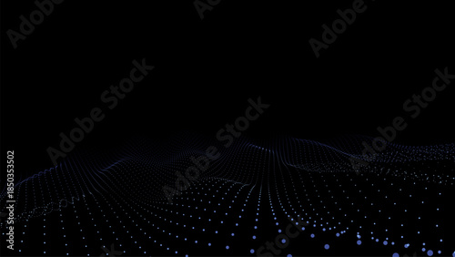 Abstract flowing digital wave background composed of many connecting dots on dark. Visualization of big data flow or technology science concept.