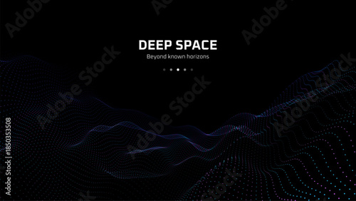 Stylized digital landscape of glowing particle waves on a black background, representing deep space, technology, and science for abstract graphic design.