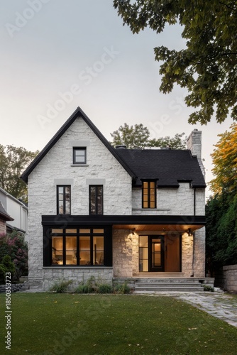 Wallpaper Mural Modern stone house with large windows set in a green yard during evening hours near trees and shrubs in the neighborhood Torontodigital.ca