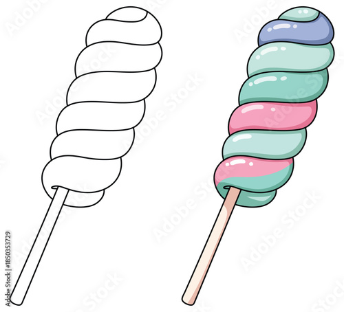 Candy vector illustration of a colorful twisted marshmallow lollipop with glossy pastel layers shown beside a clean black and white outline version for versatile creative use