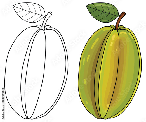 Starfruit illustration showing a whole glossy yellow carambola with defined ridges and a green leaf in a clean detailed tropical vector style suitable for fresh food designs