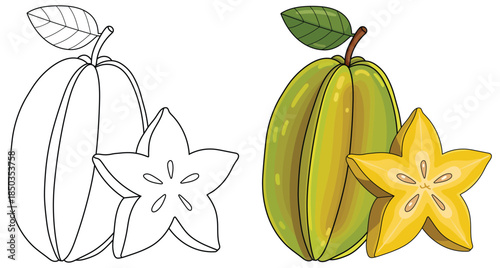 Starfruit illustration featuring a whole glossy yellow carambola with a detailed green leaf and a vibrant star-shaped cross-section shown in a clean tropical vector style suitable 
