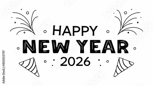 Happy New Year 2026 hand-drawn lettering with festive decorations