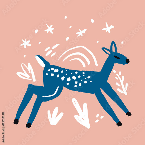 Modern boho red ornate rocking nursery toy vibe unicorn horse against white background. Rustic Scandinavian naive style print for interior, clothing and other. Scandi pastel colors nordic palette