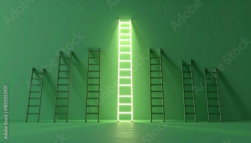Illuminated ladder standing tall, surrounded by shadows. Concept of success or progress, against a green backdrop