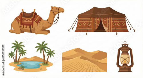 Desert elements illustration camel, nomadic tent, oasis, sand dunes, and an oil lantern. Perfect for Middle Eastern and arid landscape themes