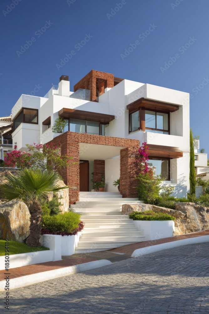 Fototapeta premium This contemporary residence boasts a charming brick entrance and beautifully designed landscape features, all situated in a sunny location under clear skies