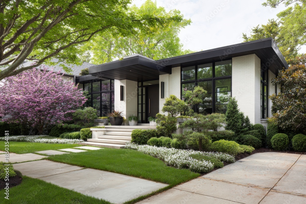 Obraz premium A contemporary house featuring expansive windows and a beautifully landscaped garden, basking in the warm sunlight of a lovely suburban neighborhood