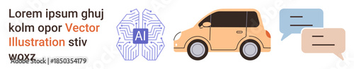 Artificial intelligence, autonomous vehicles, communication systems, automotive technology, innovation, transportation. Digital AI brain image, a car and speech bubbles. AI integration