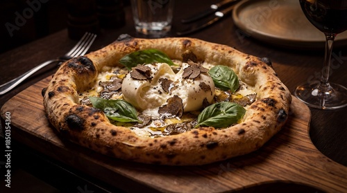 Gourmet Neapolitan pizza topped with fresh burrata, black truffles, and basil served on a wooden board in a dimly lit restaurant with a glass of red wine.