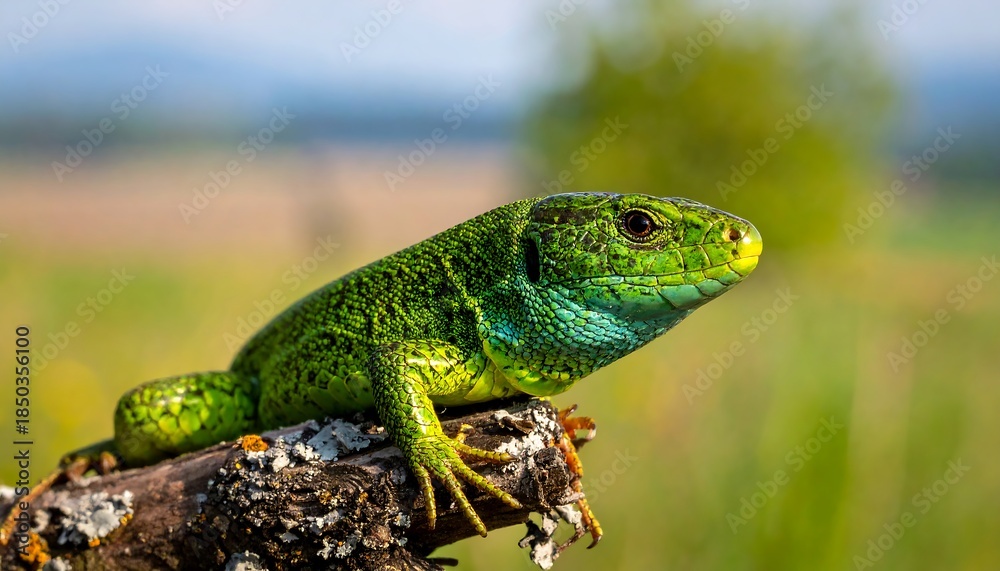 Fototapeta premium Green lizard resting on lichen-covered branch, basking in sunlight, with blurred field background