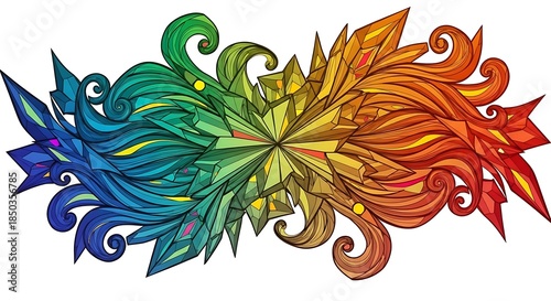 Vibrant, abstract colorful crystal and wave design with a rainbow gradient effect