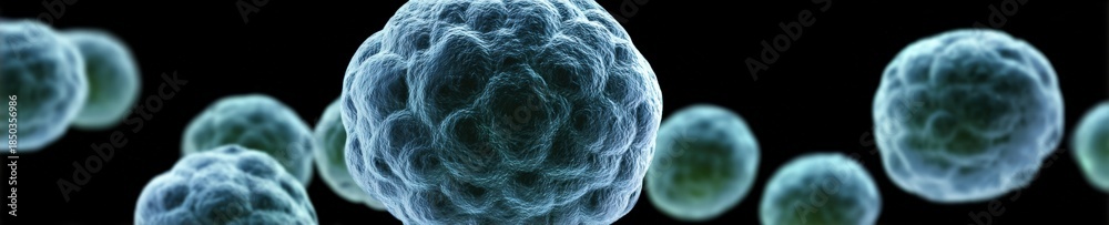 Obraz premium Close-up of blue spherical cells in cluster formation on black background