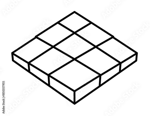 Isometric view of a square split into nine smaller squares, bordered with depth lines