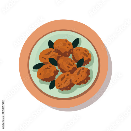 Delicious Fried Chicken Nuggets on Plate with Greenery, Isolated
