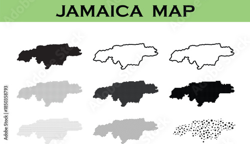 Map of Jamaica collection with various graphic styles and silhouettes,Set of Jamaica country maps in black, and outline vector formats, Jamaica geographical map design elements for infographics and pr