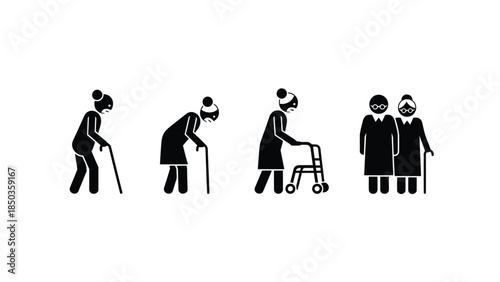 Elderly People with Walking Aids Silhouettes.
