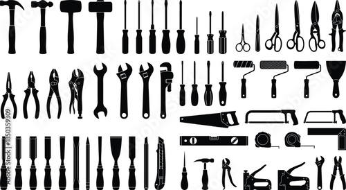 Hand Tools Silhouette Set: Comprehensive Collection of Construction, DIY, Carpentry, and Repair Equipment for Home Improvement and Professional Work Illustration.