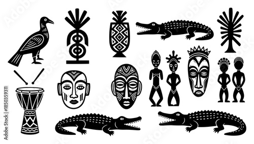 Collection of African tribal symbols including masks crocodiles and drums