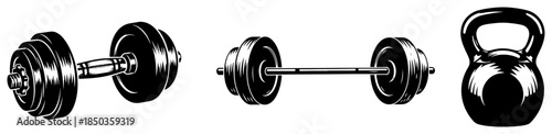 Heavy weightlifting equipment set with dumbbell barbell and kettlebell in black and white sketch style