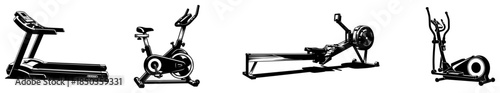 Collection of cardio gym machines including treadmill stationary bike rower and elliptical trainer sketch