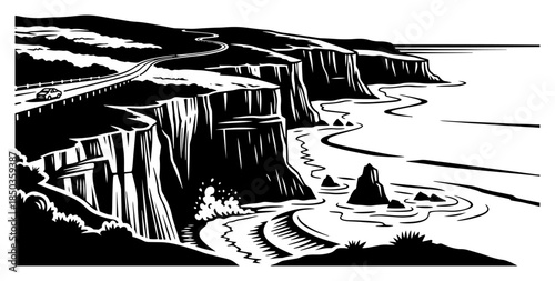 Scenic coastal landscape with winding road on high cliffs and ocean view in black and white sketch style