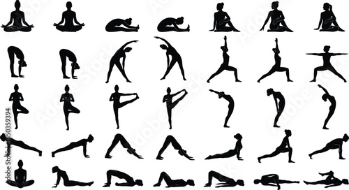 Yoga Poses Silhouette Set: Diverse Female Figures Practicing Meditation, Stretching, and Asanas for Wellness, Fitness, and Healthy Lifestyle Concept Illustration.
