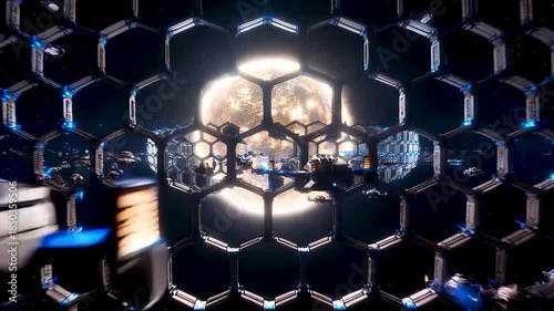 Deep space view of a bright star enclosed by a vast hexagonal megastructure as thousands of construction ships capture stellar light