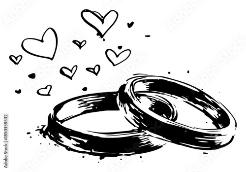 Two wedding rings entwined with floating hearts sketch illustration