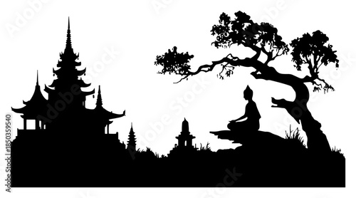 Silhouette landscape of buddha meditating under tree near pagoda