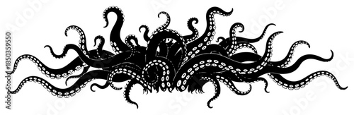 horizontal composition of writhing black octopus tentacles with suction cups
