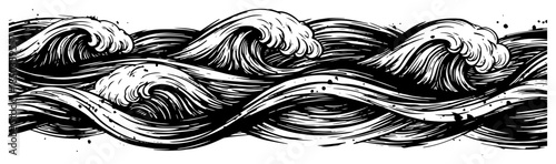 panoramic view of stormy ocean waves in vintage woodcut style