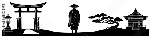 Silhouette panorama of japanese culture featuring torii gate monk and ancient temple