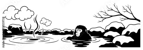 Japanese snow monkey relaxing in a natural hot spring during winter