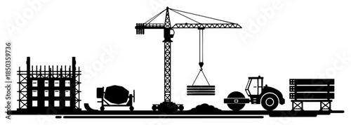 Panoramic silhouette view of a construction site with crane and machinery