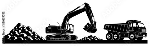 Heavy excavator digging rocks and loading a dump truck