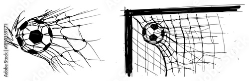 Sketch of a soccer ball hitting the goal net and scoring