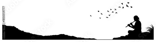 Silhouette of a musician playing flute in a peaceful mountain landscape