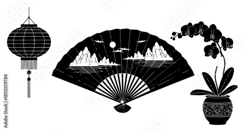 Set of asian cultural symbols including lantern hand fan and orchid