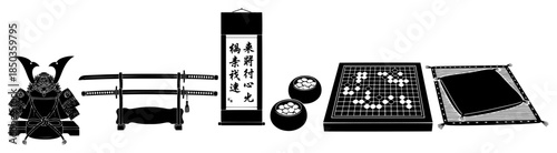 Set of traditional japanese cultural items including samurai armor swords and go game