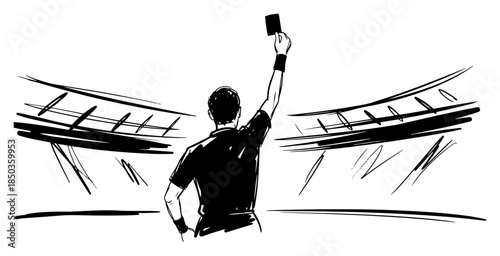 Soccer referee showing penalty card during football match sketch illustration